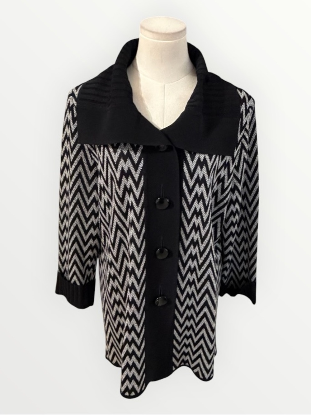MISOOK Black White Chevron Button Front Jacket Sweater Cardigan Blazer XL Zigzag